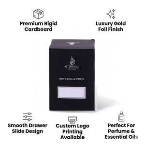 กล่องลิ้นชักกระดาษแข็งสีดำทองหรูหราแบบกำหนดเอง |   บรรจุภัณฑ์ของขวัญน้ำมันหอมระเหยและน้ำหอมระดับพรีเมียม พร้อมพิมพ์โลโก้ตามสั่ง - Product Image 6
