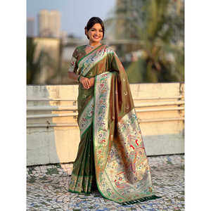 Sari indien et pakistanais en soie Paithani verte Mehandi Elite Weaves pour femmes, tissé avec des fils Zari de Banarasi, 650 g, toutes saisons - Product Image 6