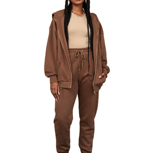 Ensemble de survêtement deux pièces en molleton 100 % coton respirant pour femme, avec logo personnalisé, comprenant un sweat à capuche zippé et un pantalon de survêtement – Vente en gros - Product Image 5