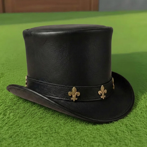 Chapeau haut-de-forme en cuir noir fait main de qualité supérieure, avec accents en laiton Fleur de Lys, style steampunk victorien gothique - Product Image 2