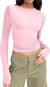 T-shirt court à manches longues pour femme, en coton et élasthanne respirant, à col rond, tricoté, anti-rides, séchage rapide, décontracté - Product Image 3