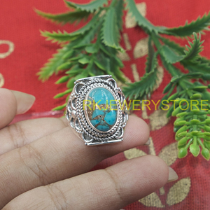 Blue Copper Turquoise <b>Ring</b> 925 Sterling Silver Handmade Vintage Boho <b>Statement</b> <b>Ring</b> Oval Cabochon Gemstone Jewelry Women Men - Product Image 2