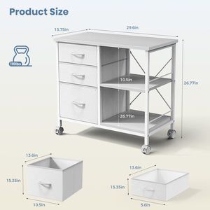 Rolling File Cabinet with 3 Fabric Drawers <b>Adjustable</b> <b>Shelf</b> Lockable Wheels White - Product Image 2