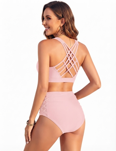 High Quality Lite Pink Woman High Waisted Bikini Set Two Piece Tummy Control <b>Cross</b> Wrap Crop <b>Top</b> Bathing Suit Summer Swim Wear - Product Image 2