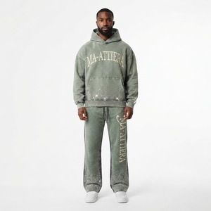 Ensemble survêtement homme personnalisé en molleton de coton, deux tons vert et noir, avec strass, style streetwear, vente en gros OEM - Product Image 1