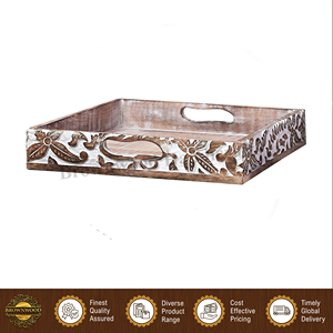 Plateau de service carré personnalisé en bois de manguier, motif rectangulaire de haute qualité avec matériau en acacia, 2 poignées pour hôtel et restaurant - Product Image 2