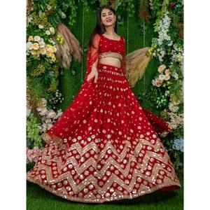 Glamorous <b>Red</b> <b>Sequins</b> Georgette Engagement Wear Lehenga Choli - Product Image 3