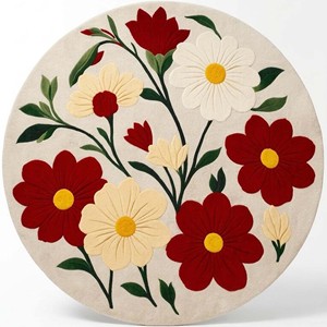 Alfombra Redonda Floral, Alfombra de Lana con Diseño de Flores Rojas y Blancas, Alfombra Circular Botánica para Decoración de Sala de Estar, Dormitorio, Estilo Rústico - Product Image 3