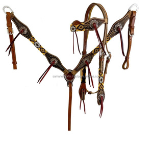 Best Quality100% Genuine <b>Leather</b> Western Beaded Headstall & Breast Collar Set With Hand <b>Tooled</b> <b>Work</b> Supplier Manufacturer - Product Image 2