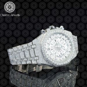 Montre de luxe pour homme Charm Jewells en acier inoxydable, boîtier de 40 mm, mouvement mécanique, accents de diamants, bracelet en cuir, étanche 10 bars - Product Image 3