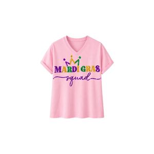 Elegante Camiseta Rosa de Manga Corta con Cuello en V para Mujer, Diseño Gráfico de Letras 'Mardi Gras Squad', Informal, Transpirable, Ecológica, Venta al Por Mayor - Product Image 1