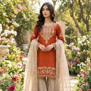 Conjunto Premium de Kurti y Plazzo Listo para Usar – Seda GMY con Adornos de Moti y Dupatta - Product Image 1