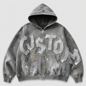 <b>Men's</b> Distressed Graphic <b>Zip</b> <b>Up</b> Hoodie Vintage Washed Ripped Streetwear Jacket Flame Print Oversized Casual Fleece Sweatshirt - Product Image 5