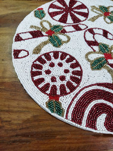 Candy Cane <b>Beaded</b> <b>Placemat</b> Handmade Christmas Table Mat Round Holiday Charger Plate Festive Dining Decor - Product Image 4