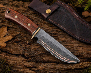 Professional Portable Straight Hunting Knife Outdoor Survival <b>Copper</b> Damascus Steel Fixed Blade Brass Guard with Wooden Handle - Product Image 1