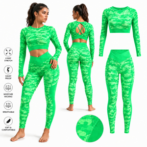 Women Seamless Breathable Activewear Yoga Set Long Sleeve <b>Crop</b> <b>Top</b> High Waist Leggings Four-Way Stretch Front Gym Fitness - Product Image 6