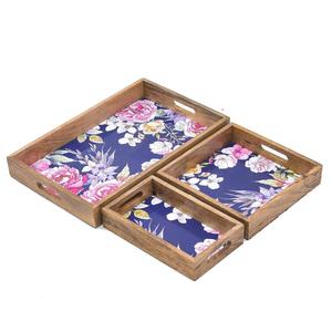 Platos Decorativos de Lujo con Estampado Floral Azul Marino y Rosa, Bandejas de Madera de Primera Calidad para Servir, Venta al Por Mayor para Pedidos al Mayoreo - Product Image 2