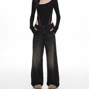 Jean en denim vintage taille haute pour femme, coupe ample, style boyfriend, délavé, jambe large, décontracté, été, color block - Product Image 1