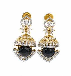 Boucles d'oreilles pendantes vintage en alliage de zinc plaqué or, perle naturelle, pierre d'onyx, accents de diamants, bijoux de mariage pour femmes, design en forme de cloche - Product Image 3