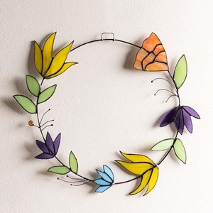 Beautiful Stained Glass Floral Wreath With Colorful Art <b>Flowers</b> And Green Leaves Handmade Unique <b>Wall</b> Hanging Window <b>Decoration</b> - Product Image 1