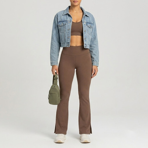 High Waist <b>Flared</b> <b>Leggings</b> Solid Color Stretch Knitted Full Length Women's Activewear Pants - Product Image 6