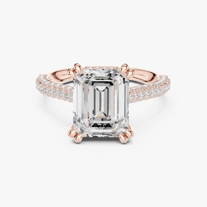 Anillo de Compromiso con Diamante Cultivado en Laboratorio, Corte Esmeralda de 2.85 Ct, Oro Amarillo de 9K, Banda Doble Pavé, Joyería OEM al por Mayor - Product Image 1