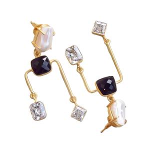 Boucles d'oreilles pendantes en laiton, zircon, pierre naturelle, perle d'eau douce, pompon, plaqué rhodium, faites à la main, cadeau classique, vente en gros - Product Image 4