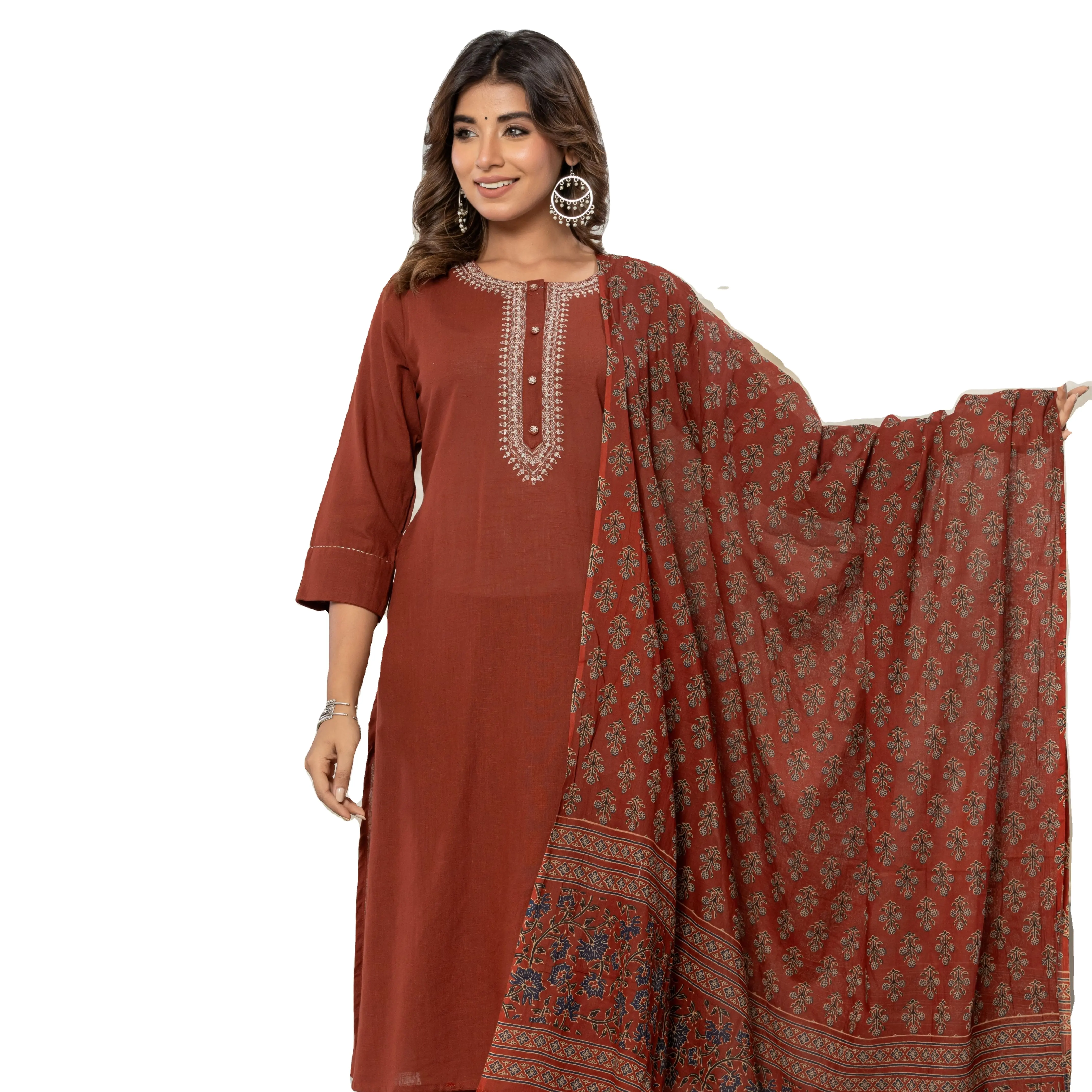 Qualité d'exportation Premium pour femmes couleur marron pur coton solide A-ligne Kurta prix de gros de l'Inde fait à la main produit en vrac OEM