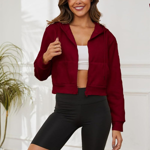 <b>Women's</b> Cropped Hoodie Zipper Front Solid Color Full Sleeve Knitted Cotton Hooded Sweatshirt Autumn Casual Wear - Product Image 2
