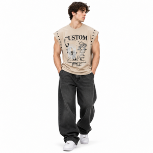 Men's Beige Graphic Print <b>Sleeveless</b> <b>T</b>-<b>Shirt</b> Custom Streetwear Muscle Tank Top with Studded Shoulder Details - Product Image 1