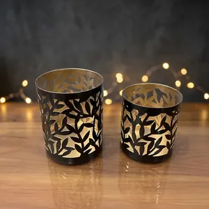<b>Black</b> Iron Cylinder <b>Candle</b> <b>Holder</b> with Leaf Pattern etching <b>candle</b> <b>holder</b> Home Decoration - Product Image 1
