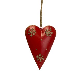 <b>Red</b> Heart Metal Hanging Ornament with Gold Snowflake <b>Glitter</b> Design Traditional Christmas Tree Decor - Product Image 1
