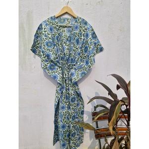 Blue Floral Cotton Kimono <b>Dress</b> Women <b>Summer</b> Beach Kaftan Robe <b>Boho</b> Lounge Wear Loose Fit Casual Vacation Outfit - Product Image 1