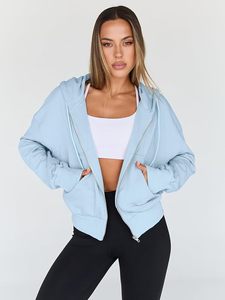 Sweat-shirt zippé à capuche oversize, coupe courte, couleur unie, manches longues, en polaire, grande taille, haut décontracté pour femme, automne - Product Image 1