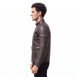 Chaqueta de Motociclista de Cuero Genuino para Hombre, Cuello Alto, Cierre de Botones, Color Sólido, Corte Regular, para Otoño - Product Image 4