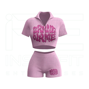 Conjunto de 2 piezas de punto acanalado ligero para mujer: Top corto con cremallera y shorts por encima de la rodilla, ropa deportiva informal de verano - Product Image 3