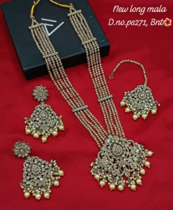 Luxury Kundan Long Mala Necklace <b>Set</b> with Green Beads Bridal <b>Set</b> Zircon Flower Design Rose Gold Plated Women's Party Anniversary - Product Image 3