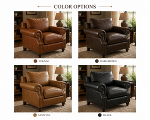 Modern Genuine Leather Single <b>Sofa</b> Chair with Rolled Arms and Solid Wood Frame Leather <b>Sofa</b> for Living Room Furniture - Product Image 3