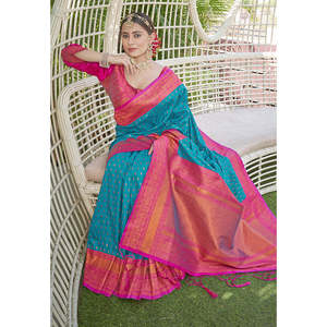 ผ้าไหมพายทานีสีน้ำเงิน 1000 บุตติ ซารี ผ้าทอประดับด้วยด้ายซารี  ชุดราตรีหรูหรา - Product Image 1