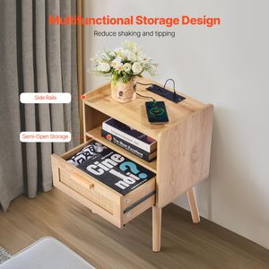 Comodino Boho con Cassetto Aperto e Ripiano, Tavolino in Rattan con Gambe in Legno Massello per Appartamenti - Product Image 3