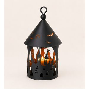 Spooky Black Metal Halloween <b>Lantern</b> Tealight Holder Haunted House Silhouette & Happy Halloween Cut-out Tabletop Ornament - Product Image 3