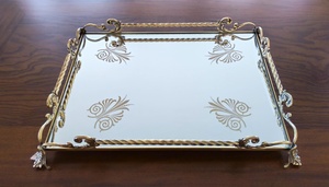 Rectangular Gold Plated <b>Mirror</b> <b>Tray</b> With Ornate Scroll Design Classic Style For Table Use - Product Image 3