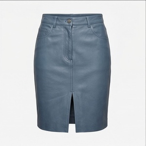 Jupe crayon en cuir PU taille haute pour femme, bleu uni, longueur genou, avec fente avant, toutes saisons - Product Image 1