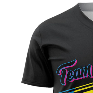 Camiseta Deportiva Transpirable para Hombre, Personalizada, Negra, con Botones, Estilo Béisbol, con Franjas Amarillas y Azules, Uniforme de Equipo de Softbol - Product Image 4