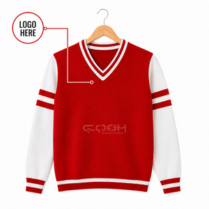 Cosh เสื้อสเวตเตอร์แขนยาวแบบถักคอวีแขนยาวระบายอากาศได้ดีสีตัดกันสีแดงขาว - Product Image 1
