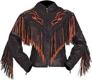 Men's Cowhide Leather <b>Jacket</b> Breathable Eco-Friendly Windproof <b>Fringe</b> Flame Embroidery Stand Collar Zipper Closure High <b>Jacket</b> - Product Image 1