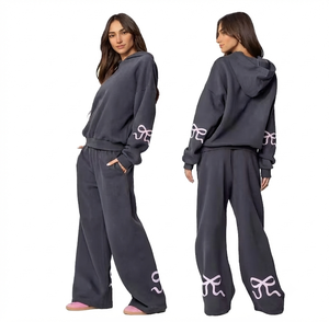 Survêtement gris foncé à capuche pour femme, manches longues, avec nœud brodé, coupe ample, décontracté, avec poches latérales, style automne - Product Image 6