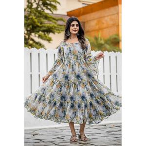 Stylish Georgette Gown with Square Collar and <b>Elastic</b> Waist Daily Wear Breathable Floral Print A-Line Silhouette RV Creation - Product Image 4