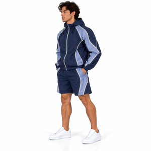 High Quality Men Short Set Windbreaker Full Zip Hooded <b>Jacket</b> <b>Running</b> Shorts Set <b>Reflective</b> Piping Custom Mens Activewear Set - Product Image 5