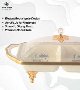 Moderno Plato de Servir de Porcelana Blanca de 2 Secciones con Borde Dorado, Tapa Transparente y Base Dorada - Product Image 3